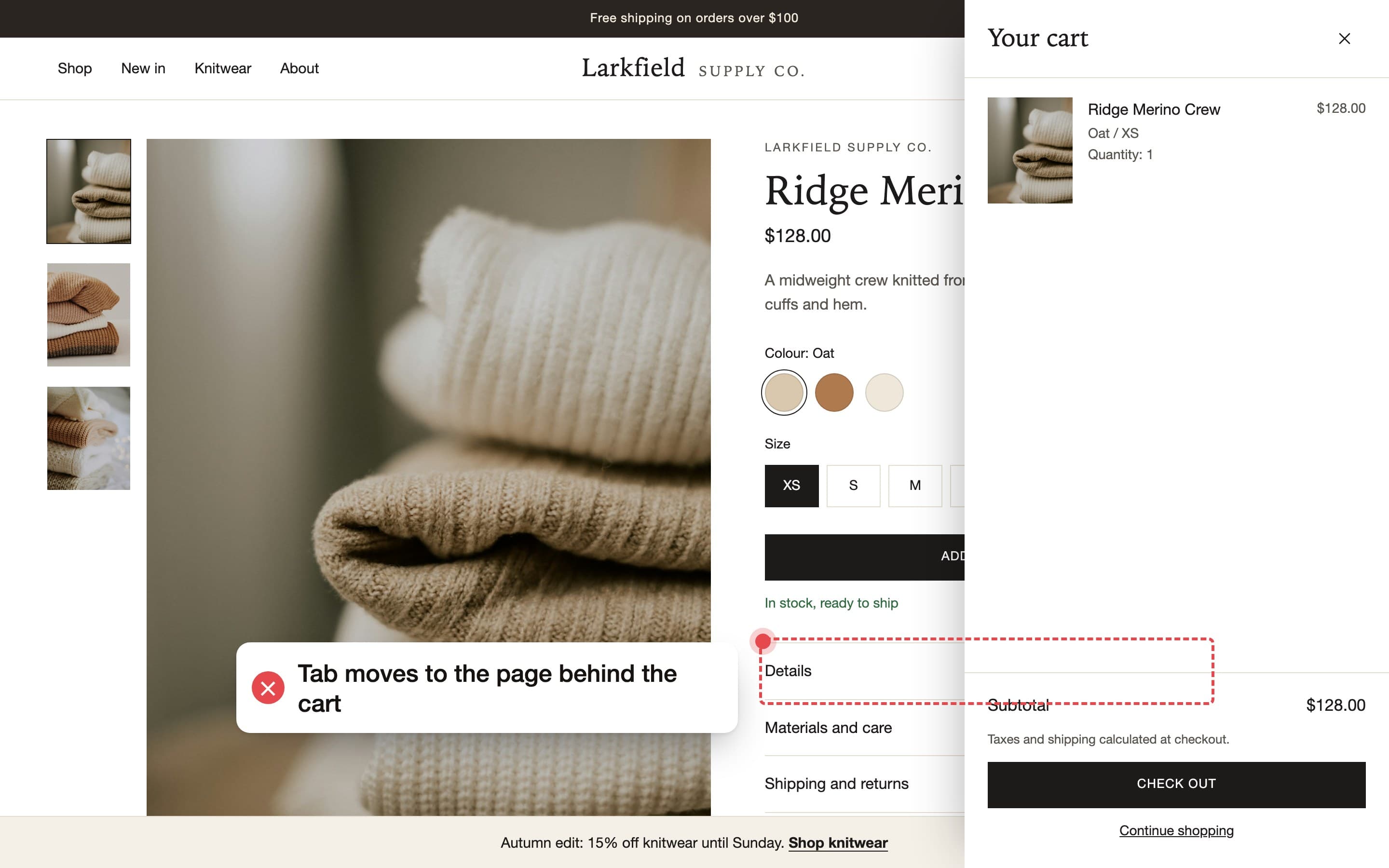 An open cart drawer. A red box marks focus on the page behind it, with a label saying Tab moves to the page behind the cart.