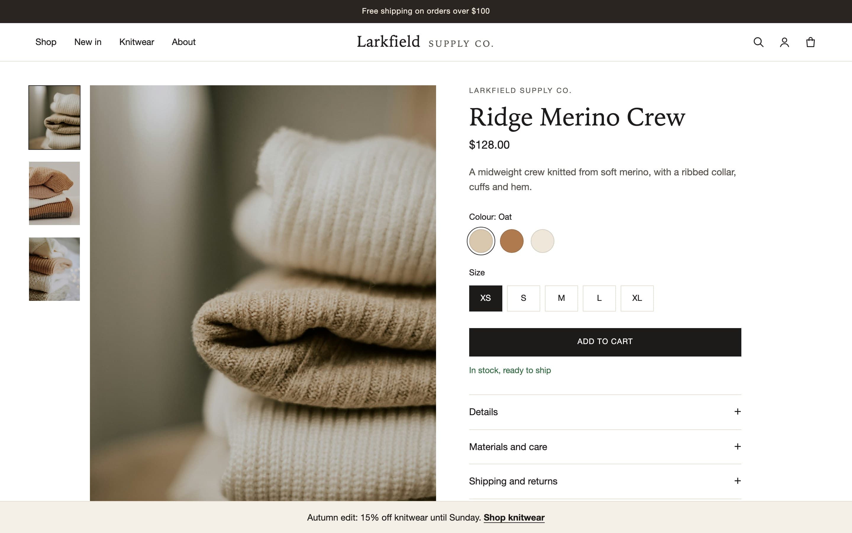 A clothing store’s product page for a merino sweater, with colour swatches, size buttons and an Add to cart button.